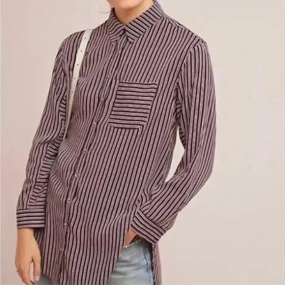 MAEVE | Anthropologie Adelaide Poplin Blue & Red Striped Button Down | Sz Large - Picture 1 of 7